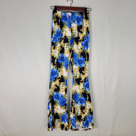 Rainbow‎ Womens Pants Medium Mid Rise Multicolored Floral Flared Leg Pull On - Picture 1 of 9